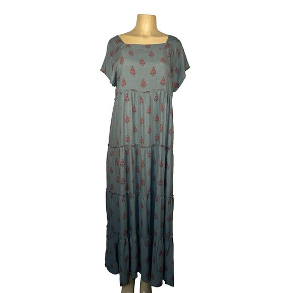 Natural Life Dress Womens Large Gray Blue Floral Tiered Maxi Square Neck NWT - Picture 1 of 10